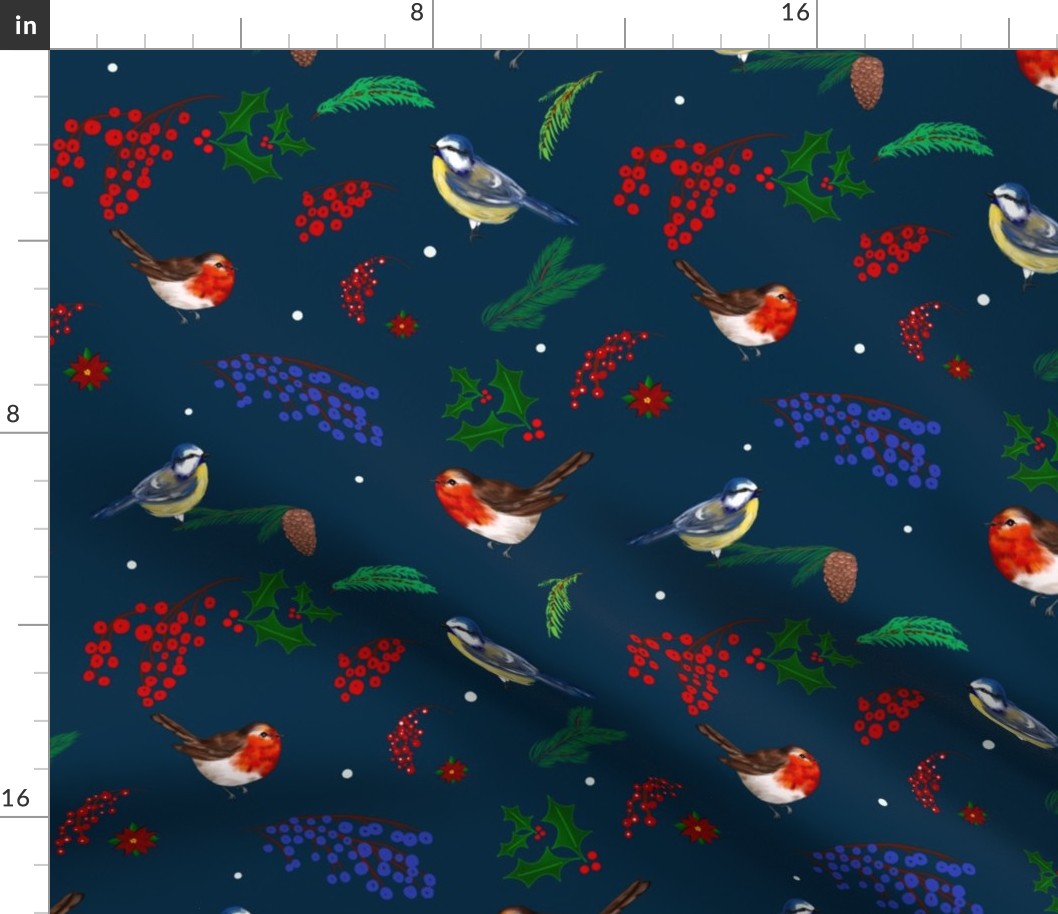 Birds,pinecone,holly berry,navy background pa