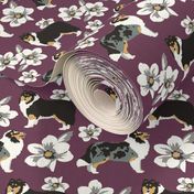 Collies white Magnolias burgandy dog fabric magenta