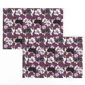 Collies white Magnolias burgandy dog fabric magenta