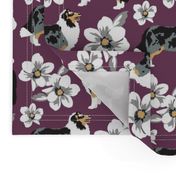 Collies white Magnolias burgandy dog fabric magenta