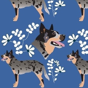 Australian Cattle Dog blue flowers dog fabric