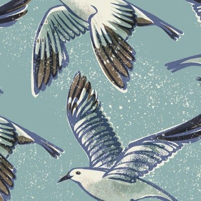 large scale seagulls in flight / grey blue