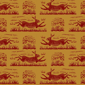 Happy Hares -- gold on red