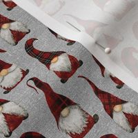 Red Buffalo Plaid Gnomes on Silver Grey linen - extra extra small scale