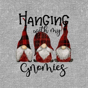 Hanging With My Gnomies Red Plaid on Silver Grey Linen 18 inch square