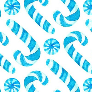 Watercolor Candy Canes and Peppermints - wintry fresh blues on white 