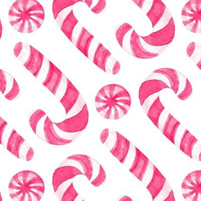 Watercolor Candy Canes and Peppermints - raspberry pink on white