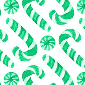 Watercolor Candy Canes and Peppermints - bright green on white