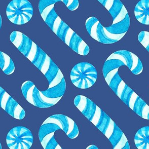Watercolor Candy Canes and Peppermints - wintry blues on navy