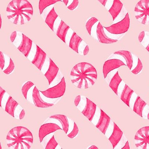 Watercolor Candy Canes and Peppermints - raspberry pink and white on pale pink 