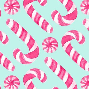 Watercolor Candy Canes and Peppermints - raspberry pink and white on mint green