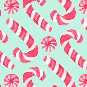 Watercolor Candy Canes and Peppermints - classic red and white on bright mint green