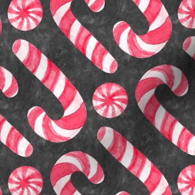 Watercolor Candy Canes and Peppermints - classic red and white on textured charcoal 