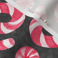 Watercolor Candy Canes and Peppermints - classic red and white on textured charcoal 