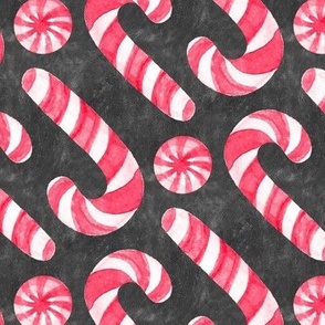 Watercolor Candy Canes and Peppermints - classic red and white on textured charcoal 