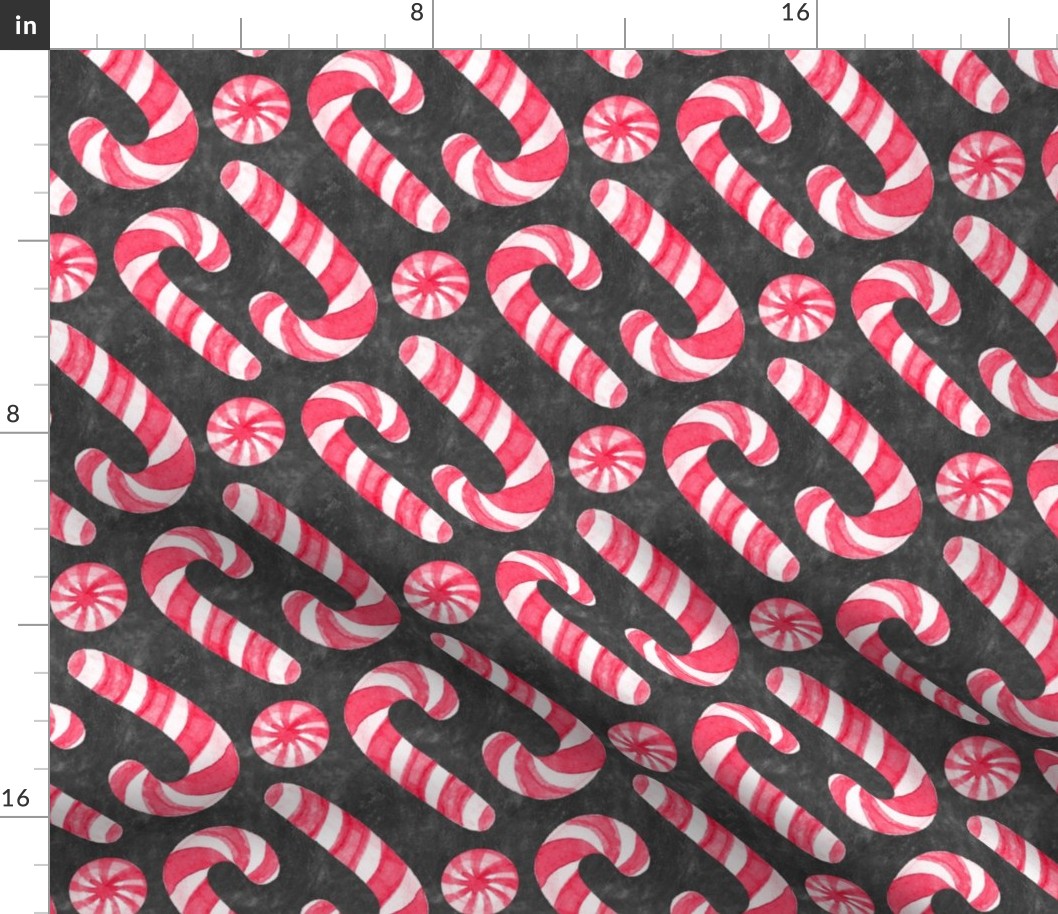 Watercolor Candy Canes and Peppermints - classic red and white on textured charcoal 