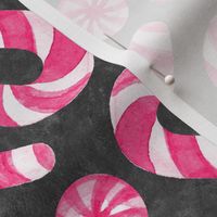 Watercolor Candy Canes and Peppermints - raspberry pink and white on textured charcoal