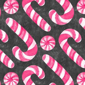 Watercolor Candy Canes and Peppermints - raspberry pink and white on textured charcoal