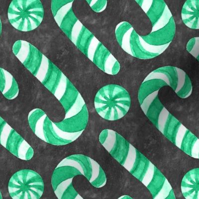 Watercolor Candy Canes and Peppermints - bright green and white on textured charcoal 
