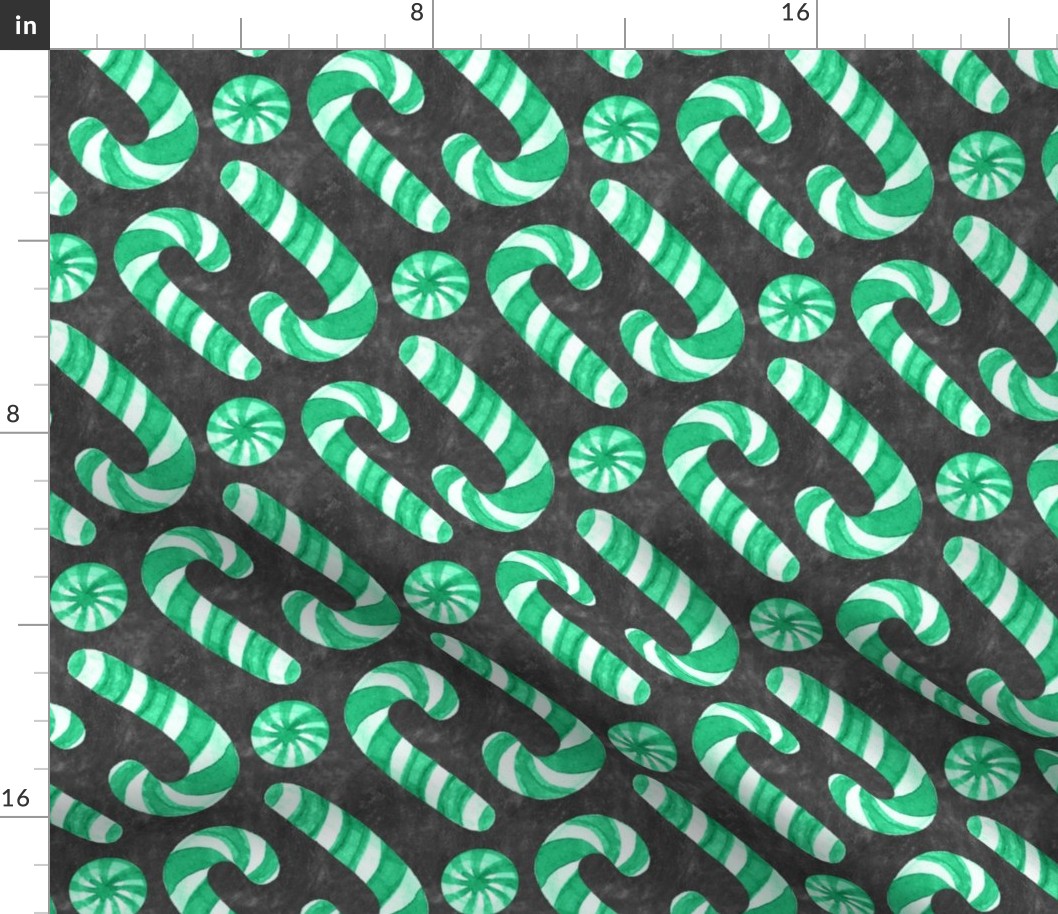 Watercolor Candy Canes and Peppermints - bright green and white on textured charcoal 