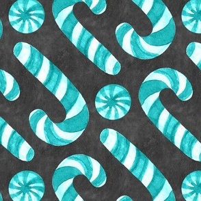Watercolor Candy Canes and Peppermints - teal blue and white on textured charcoal