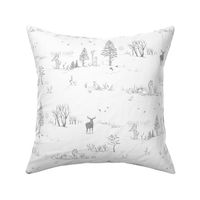 Winter Forest Toile in Ash Grey (large scale) | Pencil sketch Scandinavian wildlife: fox, moose and owl. Christmas nature, northern forest, snow scene.