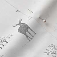 Winter Forest Toile in Ash Grey (large scale) | Pencil sketch Scandinavian wildlife: fox, moose and owl. Christmas nature, northern forest, snow scene.