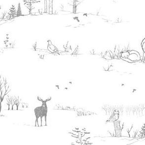 Winter Forest Toile in Ash Grey (large scale) | Pencil sketch Scandinavian wildlife: fox, moose and owl. Christmas nature, northern forest, snow scene.