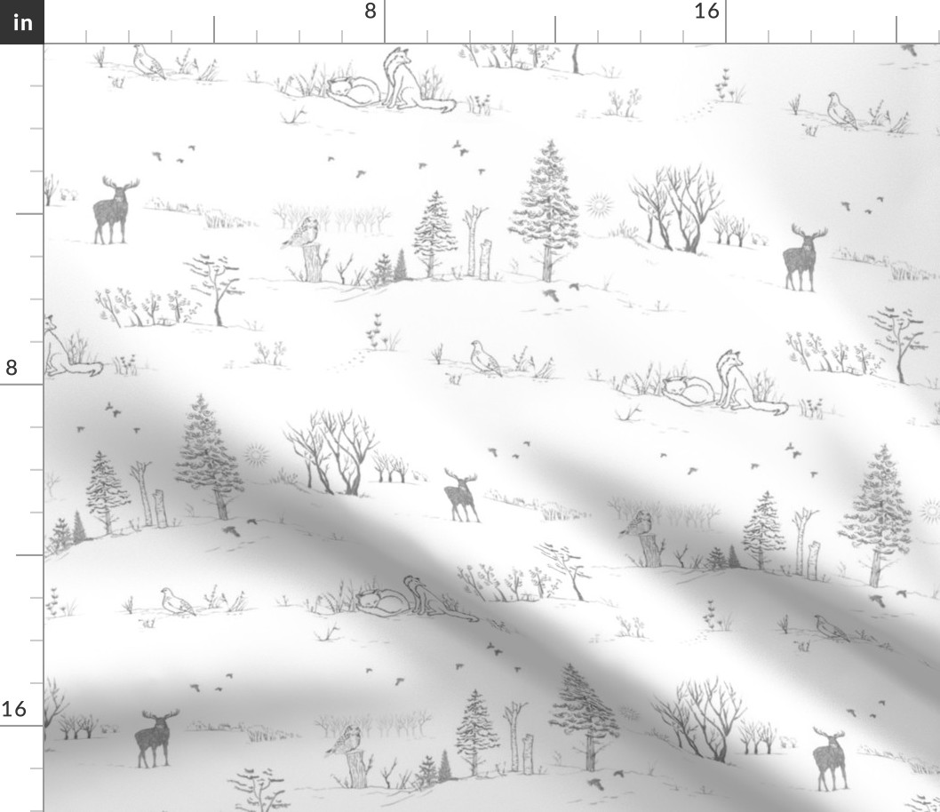 Winter Forest Toile in Ash Grey (large scale) | Pencil sketch Scandinavian wildlife: fox, moose and owl. Christmas nature, northern forest, snow scene.