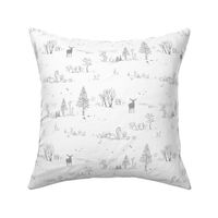 Winter Forest Toile in Ash Grey | Pencil sketch Scandinavian wildlife: fox, moose and owl. Christmas nature, northern forest, snow scene.