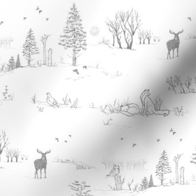 Winter Forest Toile in Ash Grey | Pencil sketch Scandinavian wildlife: fox, moose and owl. Christmas nature, northern forest, snow scene.