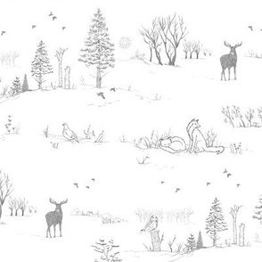 Winter Forest Toile in Ash Grey | Pencil sketch Scandinavian wildlife: fox, moose and owl. Christmas nature, northern forest, snow scene.