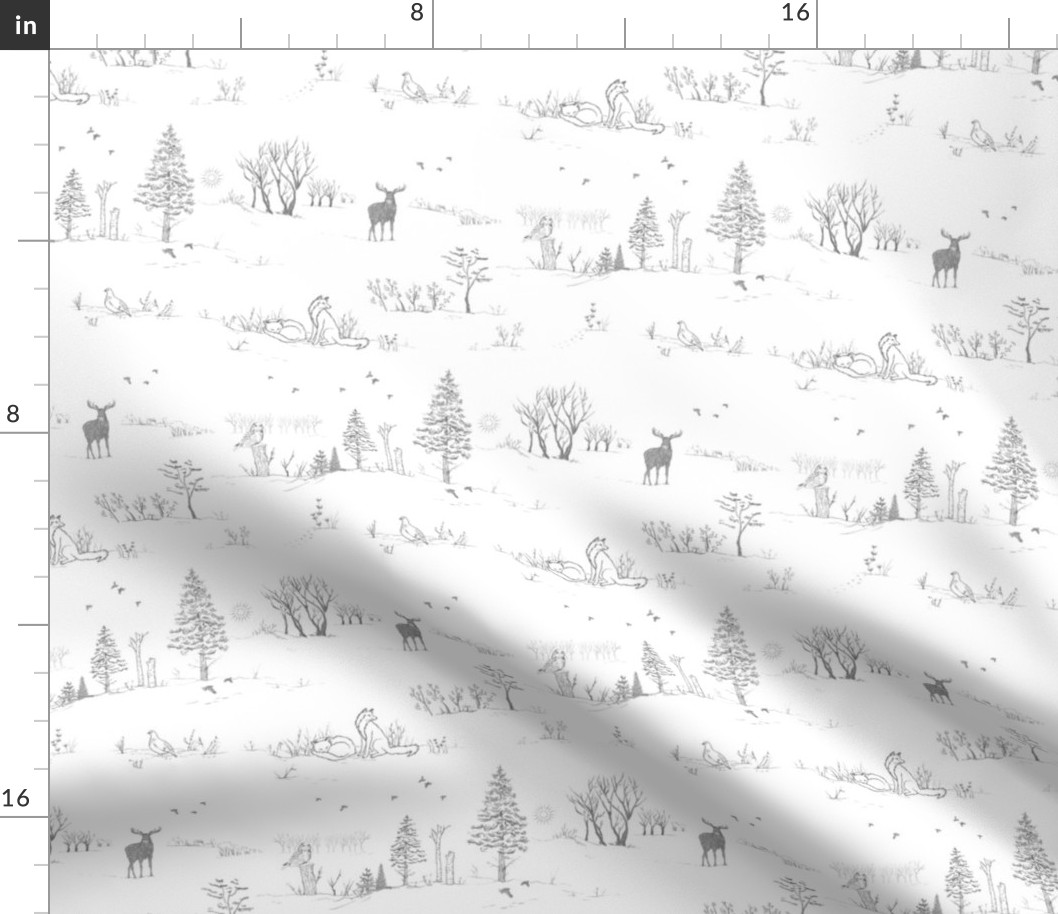 Winter Forest Toile in Ash Grey | Pencil sketch Scandinavian wildlife: fox, moose and owl. Christmas nature, northern forest, snow scene.