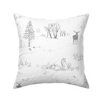 Winter Forest Toile in Ash Grey (xl scale) | Pencil sketch Scandinavian wildlife: fox, moose and owl. Christmas nature, northern forest, snow scene.