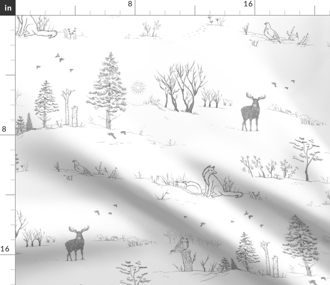Winter Forest Toile in Ash Grey (xl scale) | Pencil sketch Scandinavian wildlife: fox, moose and owl. Christmas nature, northern forest, snow scene.