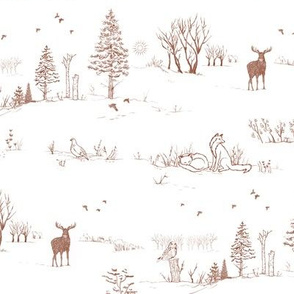 Winter Forest Toile in Roast Chestnut | Pencil sketch Scandinavian wildlife: fox, moose and owl. Christmas nature, northern forest, snow scene.