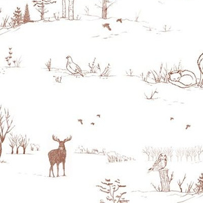 Winter Forest Toile in Roast Chestnut (large scale) | Pencil sketch Scandinavian wildlife: fox, moose and owl. Christmas nature, northern forest, snow scene.