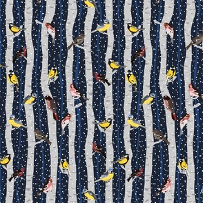 Birds in snowy birchwood on navy blue