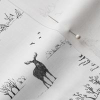 Winter Forest Toile in Charcoal | Pencil sketch Scandinavian wildlife: fox, moose and owl. Christmas nature, northern forest, snow scene.