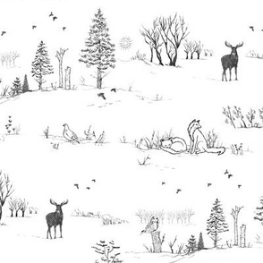 Winter Forest Toile in Charcoal | Pencil sketch Scandinavian wildlife: fox, moose and owl. Christmas nature, northern forest, snow scene.