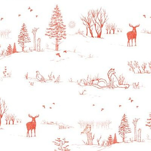 Winter Forest Toile in Sienna Red | Pencil sketch Scandinavian wildlife: fox, moose and owl. Christmas nature, northern forest, snow scene.