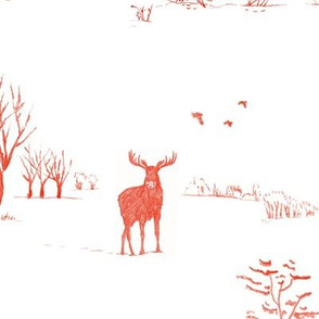 Winter Forest Toile in Sienna Red (xl scale) | Pencil sketch Scandinavian wildlife: fox, moose and owl. Christmas nature, northern forest, snow scene.