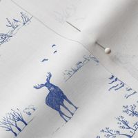 Winter Forest Toile in Inky Blue | Pencil sketch Scandinavian wildlife: fox, moose and owl. Christmas nature, northern forest, snow scene.