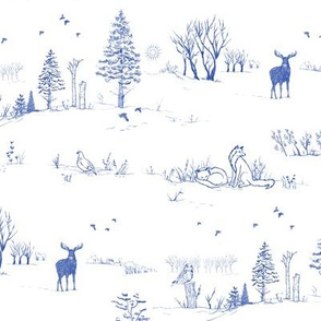 Winter Forest Toile in Inky Blue | Pencil sketch Scandinavian wildlife: fox, moose and owl. Christmas nature, northern forest, snow scene.