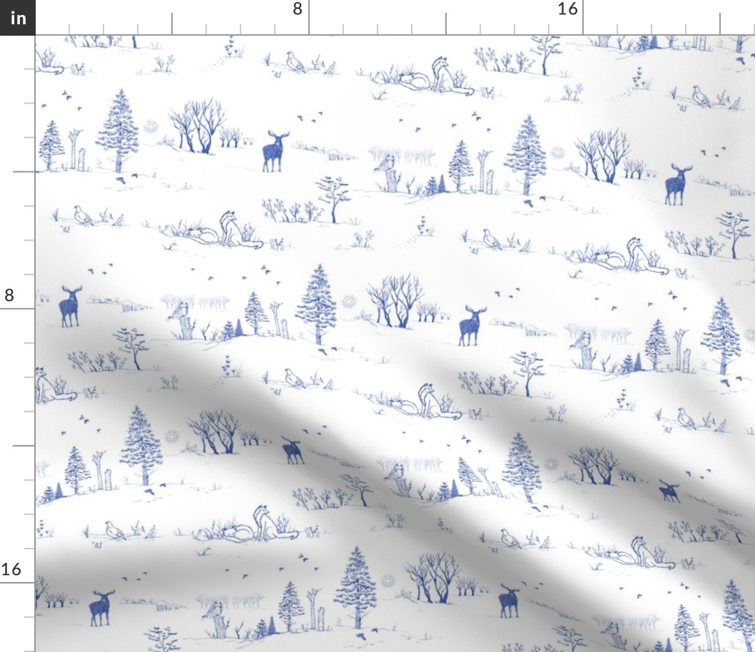 Winter Forest Toile in Inky Blue | Pencil sketch Scandinavian wildlife: fox, moose and owl. Christmas nature, northern forest, snow scene.