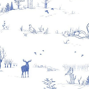 Winter Forest Toile in Inky Blue (large scale) | Pencil sketch Scandinavian wildlife: fox, moose and owl. Christmas nature, northern forest, snow scene.