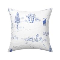 Winter Forest Toile in Inky Blue (xl scale) | Pencil sketch Scandinavian wildlife: fox, moose and owl. Christmas nature, northern forest, snow scene.