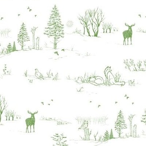 Winter Forest Toile in Forest Green | Pencil sketch Scandinavian wildlife: fox, moose and owl. Christmas nature, northern forest, snow scene.