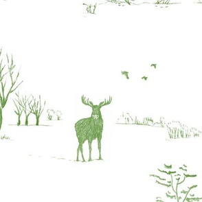 Winter Forest Toile in Forest Green (xl scale) | Pencil sketch Scandinavian wildlife: fox, moose and owl. Christmas nature, northern forest, snow scene.