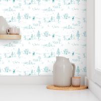 Winter Forest Toile in Teal Blue (large scale) | Pencil sketch Scandinavian wildlife: fox, moose and owl. Christmas nature, northern forest, snow scene.